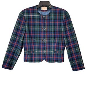 Pendleton Blazer Women 10 Blue Green Plaid Wool Collarless Vintage Tartan Jacket
